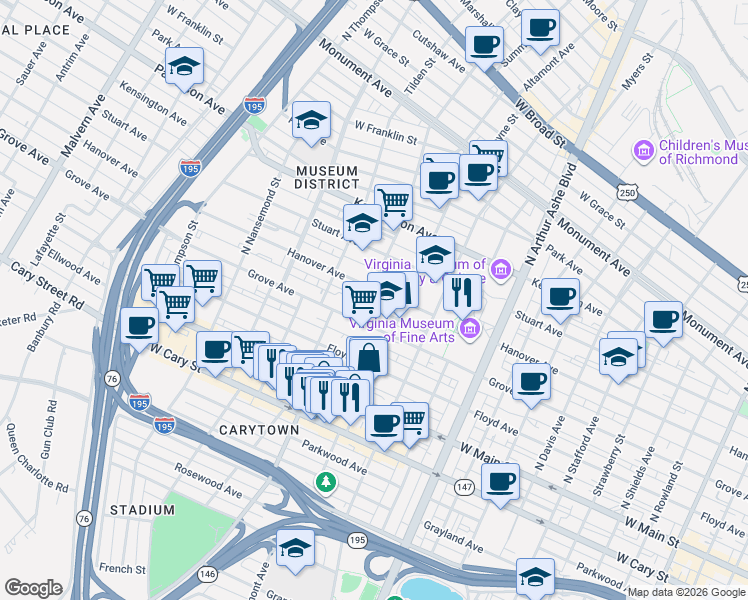 map of restaurants, bars, coffee shops, grocery stores, and more near 3200 Grove Avenue in Richmond
