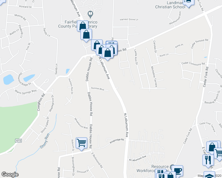 map of restaurants, bars, coffee shops, grocery stores, and more near 1000 North Laburnum Avenue in Richmond
