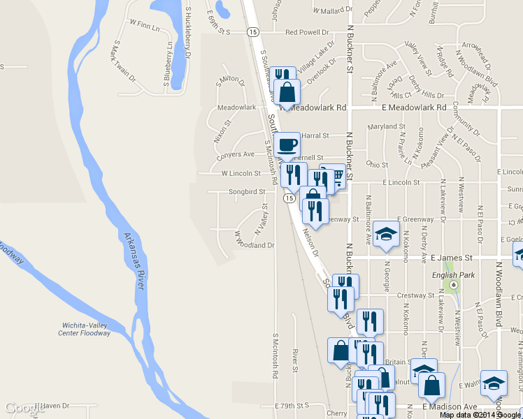 map of restaurants, bars, coffee shops, grocery stores, and more near 419 West White Tail Street in Derby