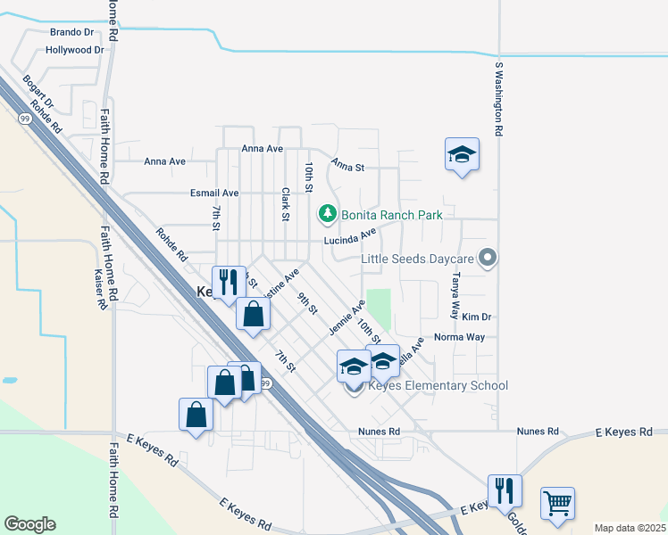 map of restaurants, bars, coffee shops, grocery stores, and more near 5421 Allison Way in Keyes