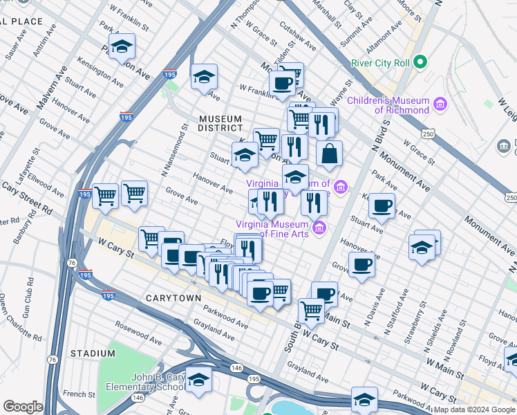 map of restaurants, bars, coffee shops, grocery stores, and more near 3121 Hanover Avenue in Richmond