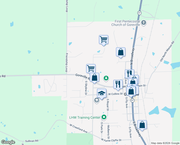 map of restaurants, bars, coffee shops, grocery stores, and more near 1435 Friendship Loop in Goreville