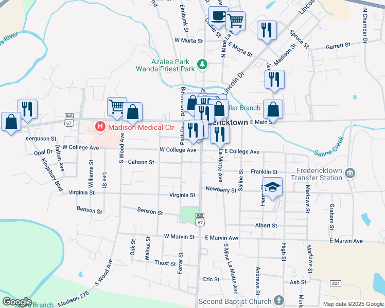 map of restaurants, bars, coffee shops, grocery stores, and more near 105 West College Avenue in Fredericktown