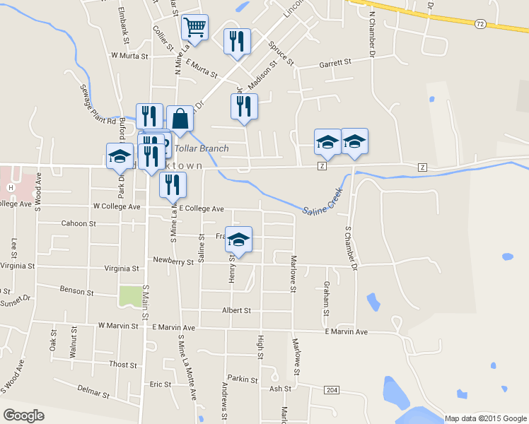 map of restaurants, bars, coffee shops, grocery stores, and more near 507 East College Avenue in Fredericktown