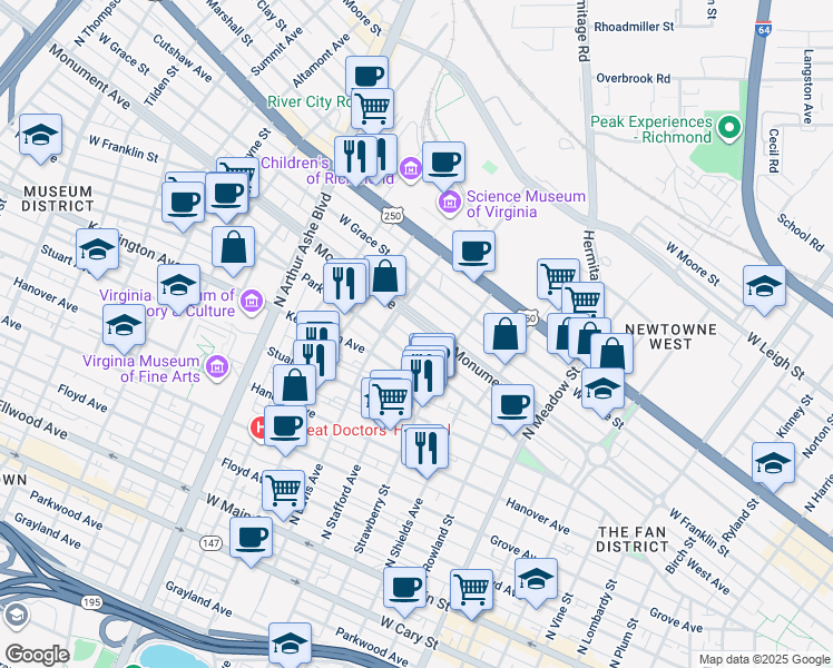 map of restaurants, bars, coffee shops, grocery stores, and more near 2400 Park Avenue in Richmond