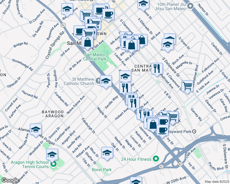 map of restaurants, bars, coffee shops, grocery stores, and more near 14 Seville Way in San Mateo