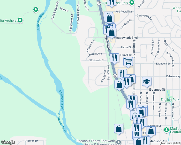map of restaurants, bars, coffee shops, grocery stores, and more near 1207 Wild Turkey Drive in Derby