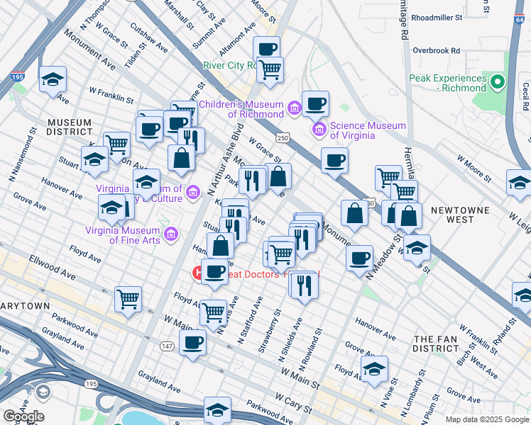 map of restaurants, bars, coffee shops, grocery stores, and more near 2511 Park Avenue in Richmond