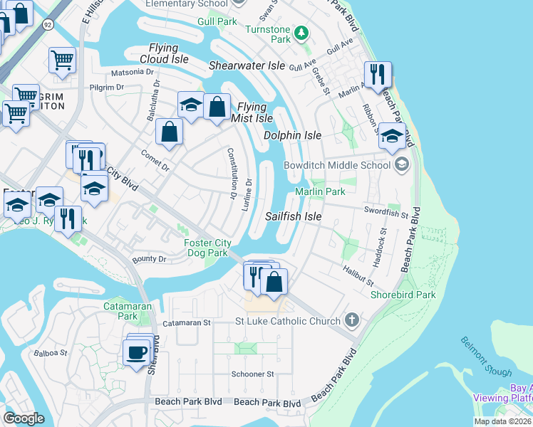map of restaurants, bars, coffee shops, grocery stores, and more near in Foster City