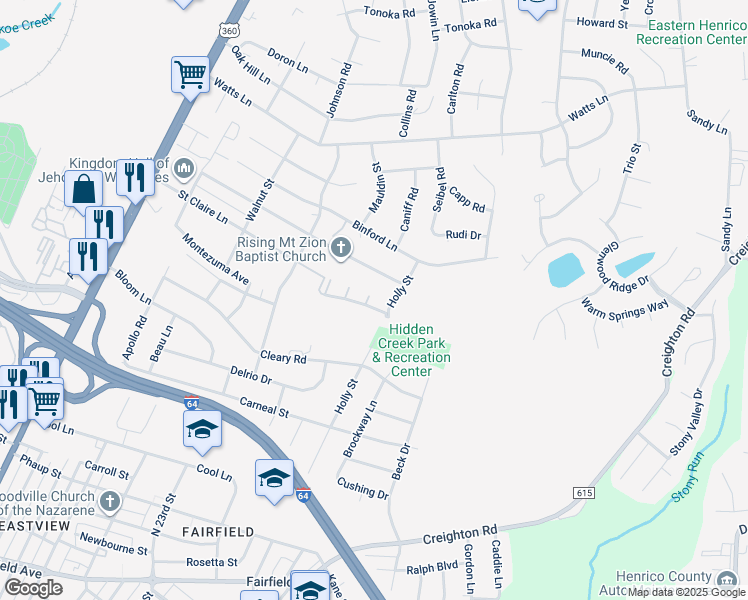 map of restaurants, bars, coffee shops, grocery stores, and more near 2707 Church View Lane in Richmond
