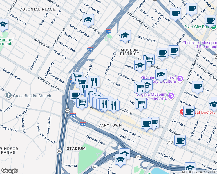 map of restaurants, bars, coffee shops, grocery stores, and more near 104 North Crenshaw Avenue in Richmond