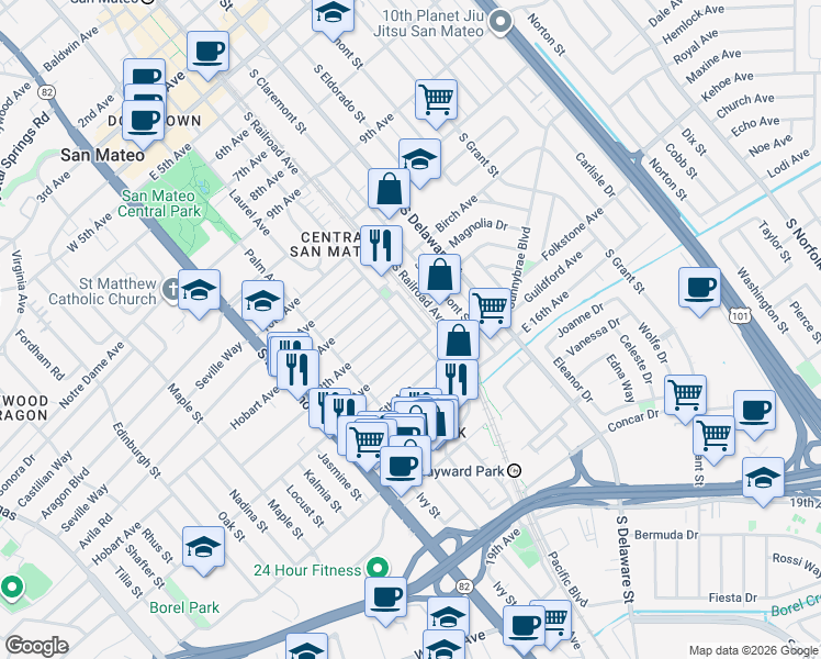 map of restaurants, bars, coffee shops, grocery stores, and more near 1408 South B Street in San Mateo