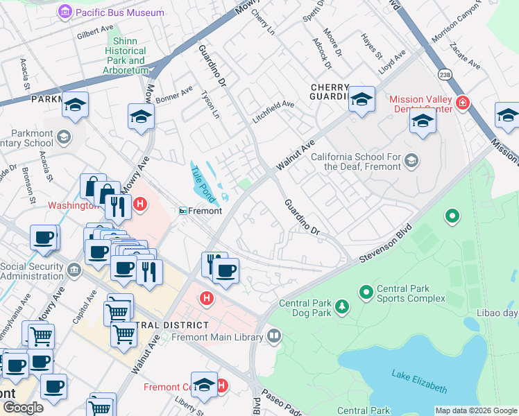 map of restaurants, bars, coffee shops, grocery stores, and more near 2000 Walnut Avenue in Fremont