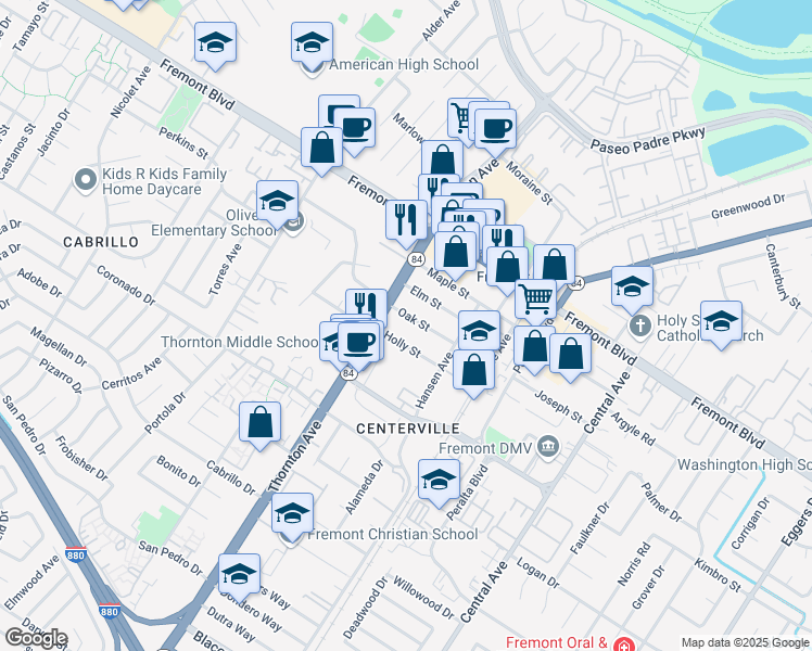 map of restaurants, bars, coffee shops, grocery stores, and more near 37091 Holly Street in Fremont