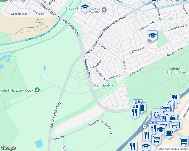 map of restaurants, bars, coffee shops, grocery stores, and more near 6103 Sienna Terrace in Fremont
