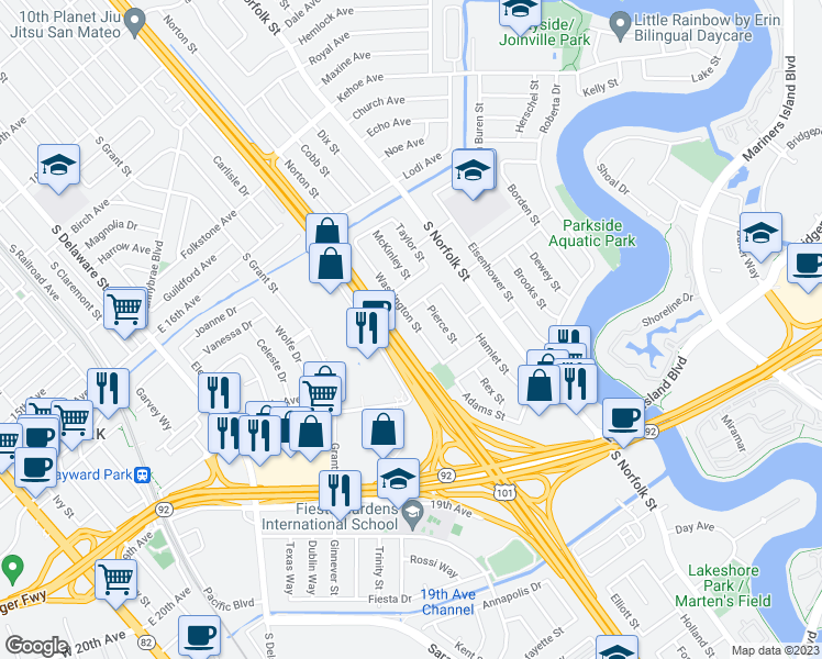 map of restaurants, bars, coffee shops, grocery stores, and more near 1740 Washington Street in San Mateo