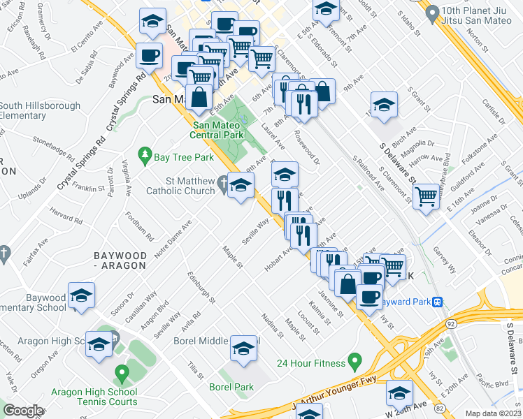 map of restaurants, bars, coffee shops, grocery stores, and more near 14 Seville Way in San Mateo