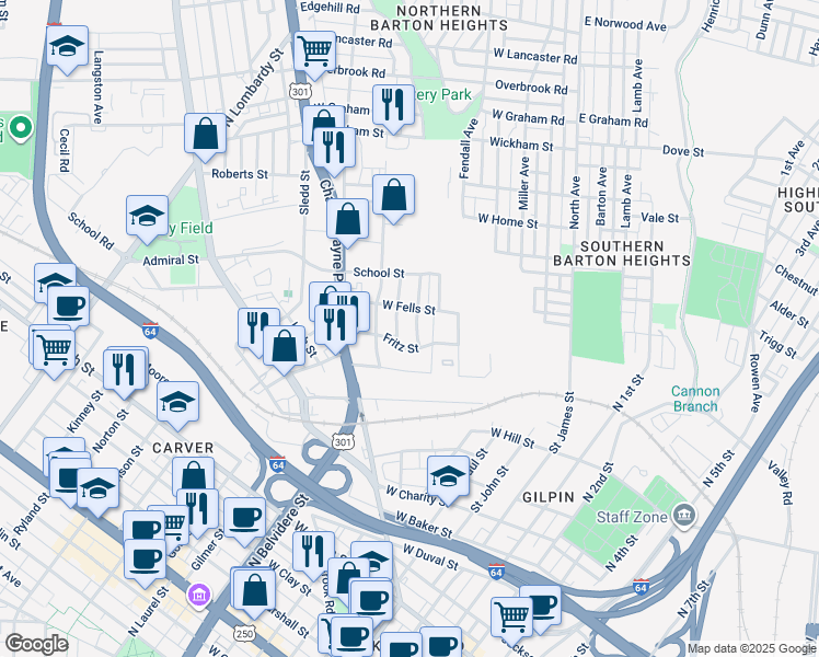 map of restaurants, bars, coffee shops, grocery stores, and more near 527 Fritz Street in Richmond