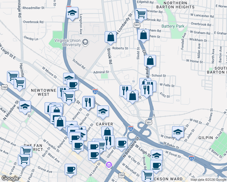map of restaurants, bars, coffee shops, grocery stores, and more near 925 Sledd Street in Richmond