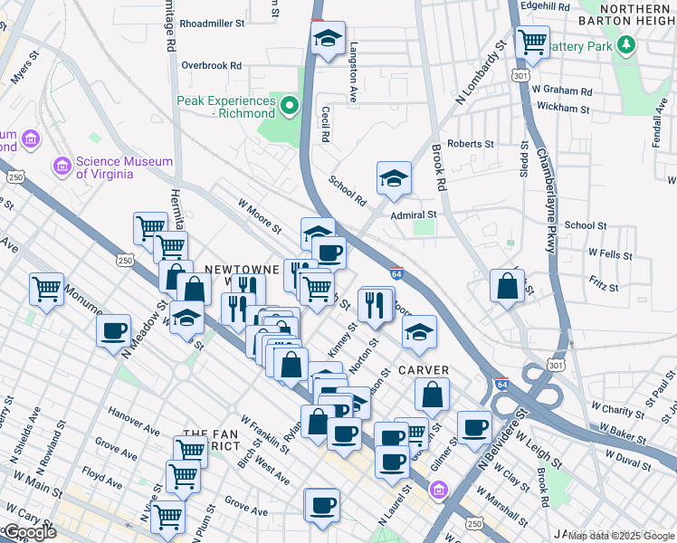 map of restaurants, bars, coffee shops, grocery stores, and more near 1011 North Lombardy Street in Richmond