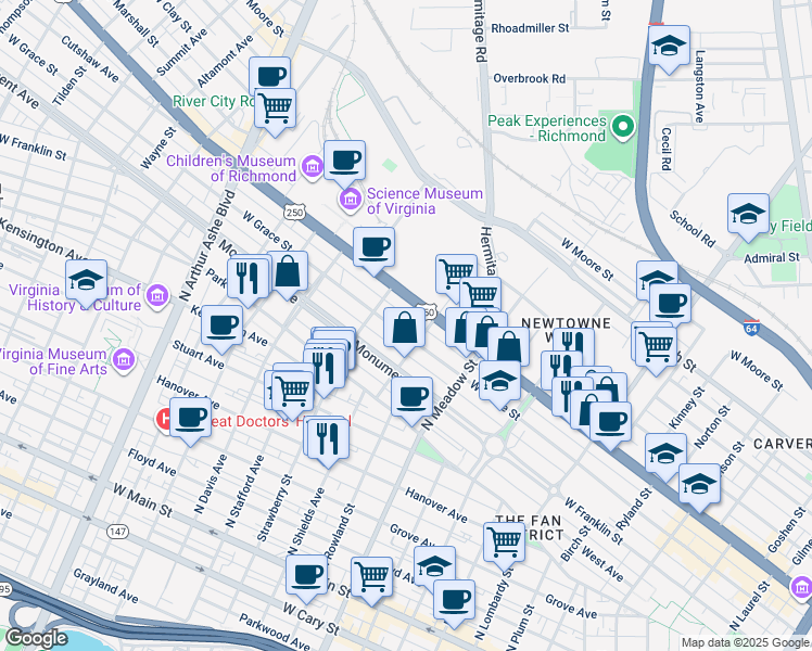 map of restaurants, bars, coffee shops, grocery stores, and more near 2042 West Grace Street in Richmond