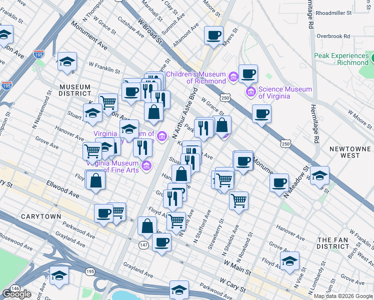 map of restaurants, bars, coffee shops, grocery stores, and more near 2700 Stuart Avenue in Richmond
