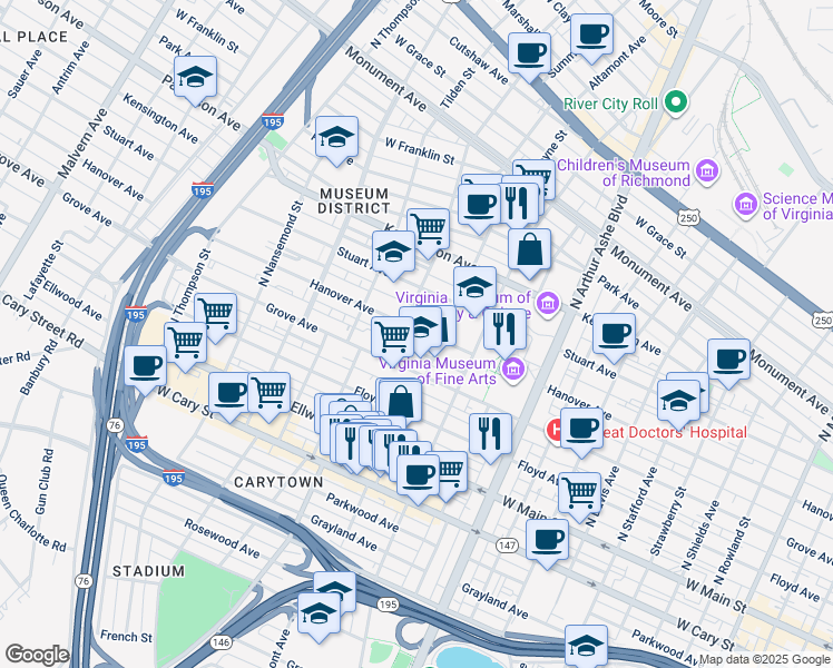 map of restaurants, bars, coffee shops, grocery stores, and more near 3121 Hanover Avenue in Richmond