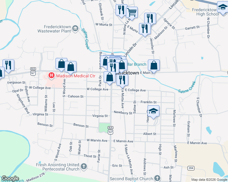map of restaurants, bars, coffee shops, grocery stores, and more near 109 East College Avenue in Fredericktown