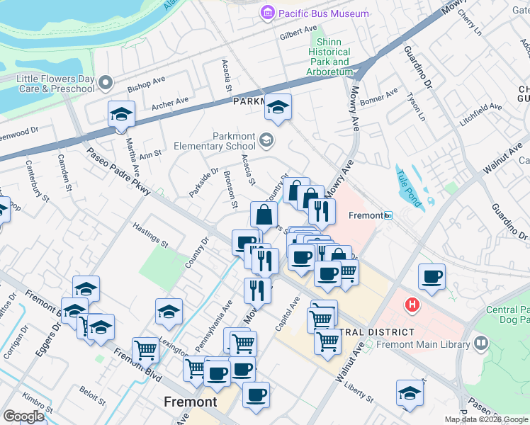 map of restaurants, bars, coffee shops, grocery stores, and more near 2500 Country Drive in Fremont