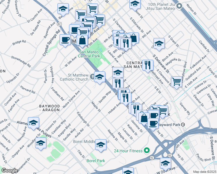 map of restaurants, bars, coffee shops, grocery stores, and more near 962 South El Camino Real in San Mateo