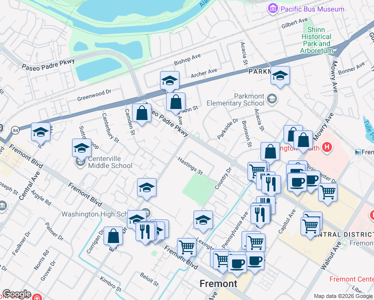 map of restaurants, bars, coffee shops, grocery stores, and more near 38206 Hastings Street in Fremont