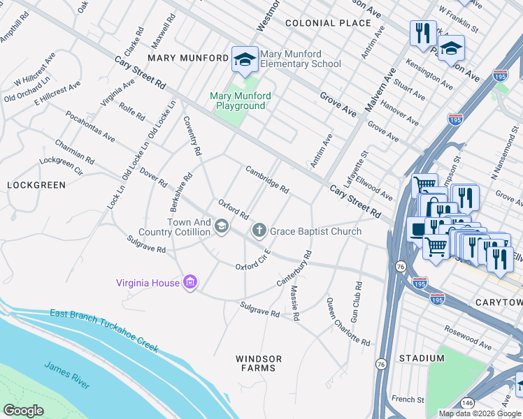 map of restaurants, bars, coffee shops, grocery stores, and more near 4112 Oxford Road in Richmond