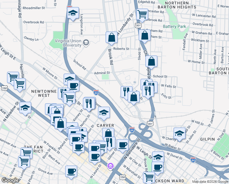 map of restaurants, bars, coffee shops, grocery stores, and more near 946 Sledd Street in Richmond
