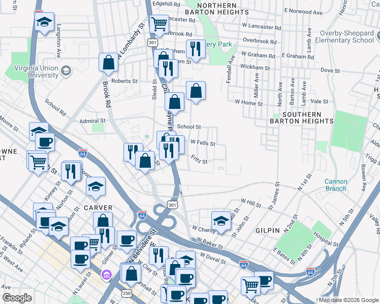map of restaurants, bars, coffee shops, grocery stores, and more near 527 Fritz Street in Richmond