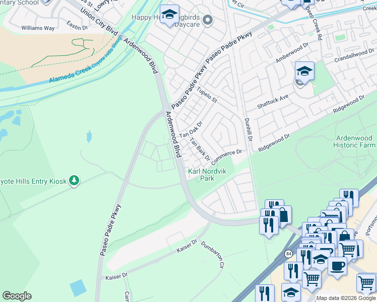 map of restaurants, bars, coffee shops, grocery stores, and more near 6103 Sienna Terrace in Fremont