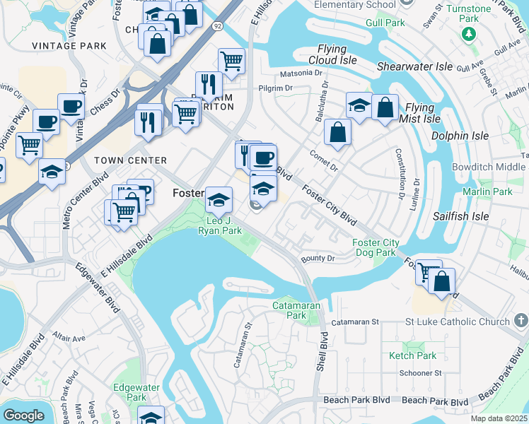 map of restaurants, bars, coffee shops, grocery stores, and more near 800 Foster City Boulevard in Foster City