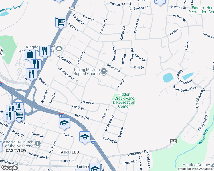 map of restaurants, bars, coffee shops, grocery stores, and more near 2701 Mount Zion Court in Richmond