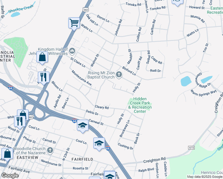 map of restaurants, bars, coffee shops, grocery stores, and more near 405 Hollybrook Ridge Lane in Richmond