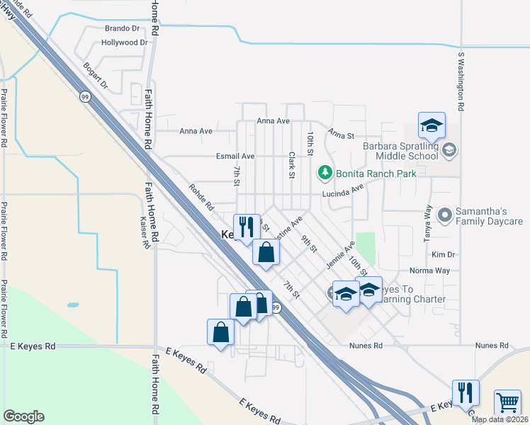 map of restaurants, bars, coffee shops, grocery stores, and more near 4405 Lizzie Avenue in Keyes