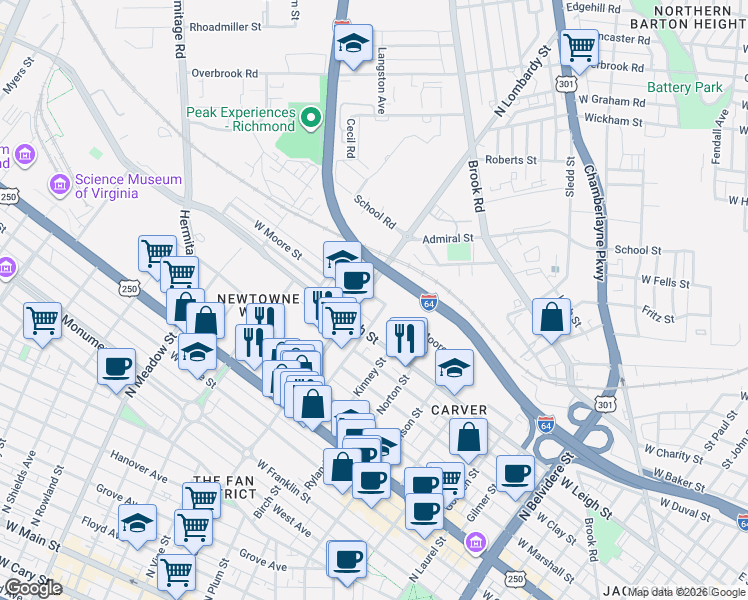 map of restaurants, bars, coffee shops, grocery stores, and more near 1011 North Lombardy Street in Richmond