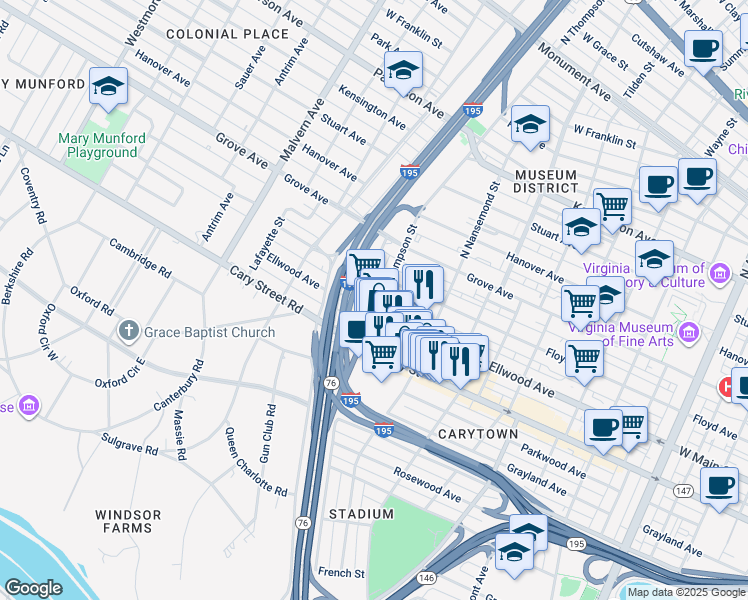 map of restaurants, bars, coffee shops, grocery stores, and more near in Richmond