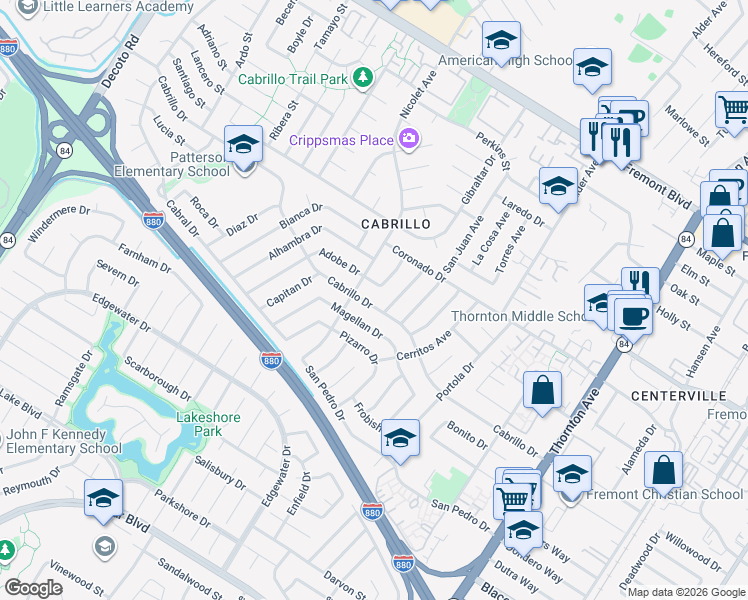 map of restaurants, bars, coffee shops, grocery stores, and more near 36164 Cabrillo Drive in Fremont