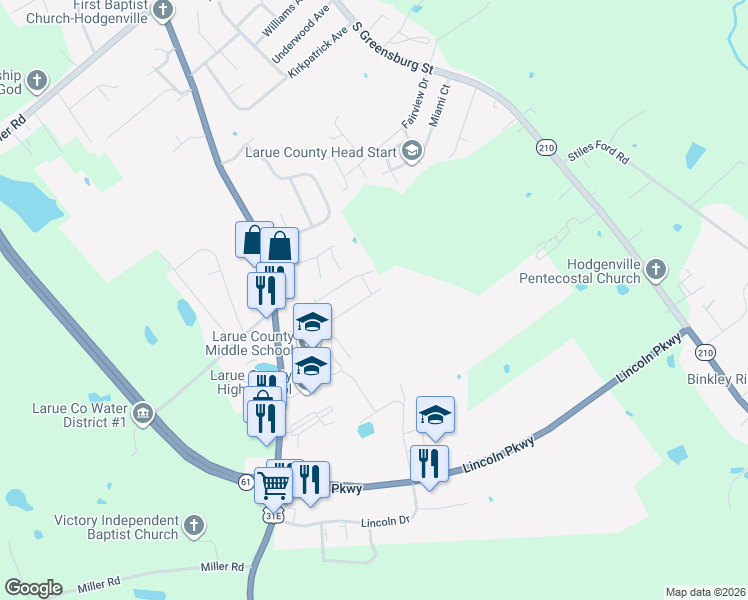 map of restaurants, bars, coffee shops, grocery stores, and more near 112 Dana Drive in Hodgenville