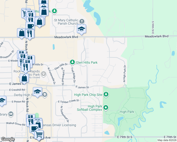 map of restaurants, bars, coffee shops, grocery stores, and more near 1224 Beau Jardin Street in Derby