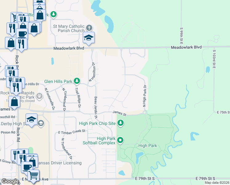 map of restaurants, bars, coffee shops, grocery stores, and more near James Street in Derby