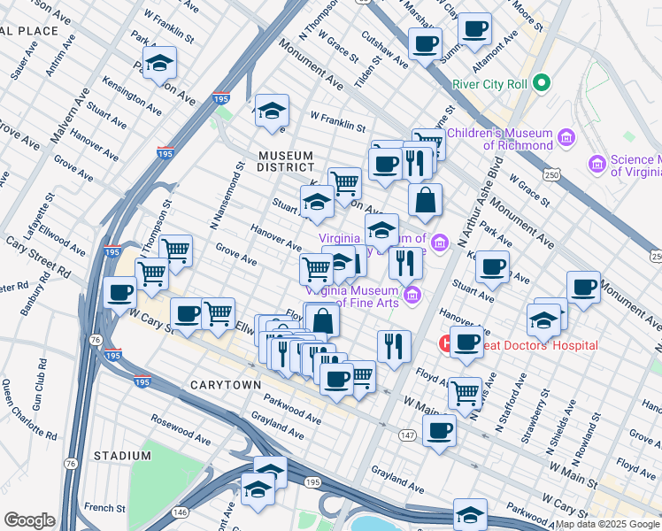map of restaurants, bars, coffee shops, grocery stores, and more near 3102 Hanover Avenue in Richmond