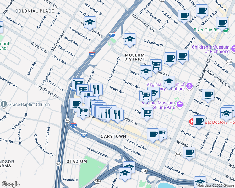map of restaurants, bars, coffee shops, grocery stores, and more near 117 North Crenshaw Avenue in Richmond