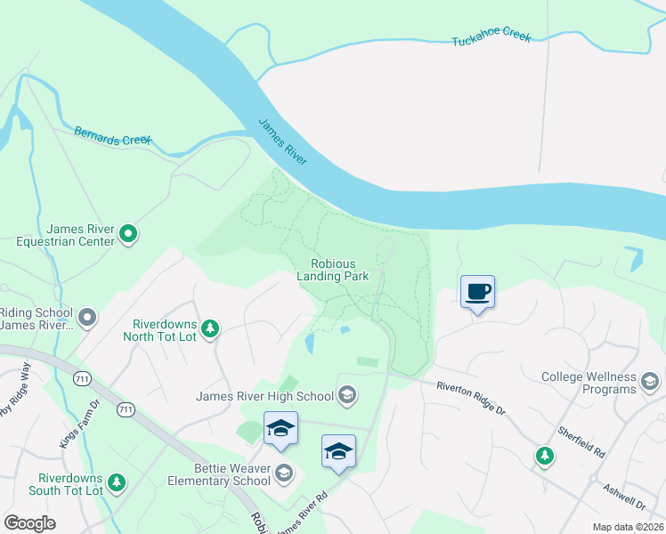 map of restaurants, bars, coffee shops, grocery stores, and more near 3780 James River Road in Midlothian