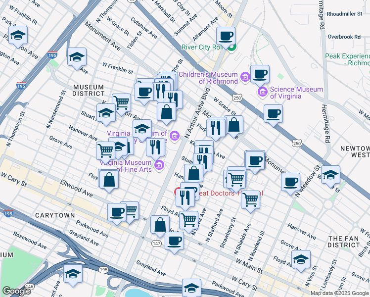 map of restaurants, bars, coffee shops, grocery stores, and more near 413 North Arthur Ashe Boulevard in Richmond
