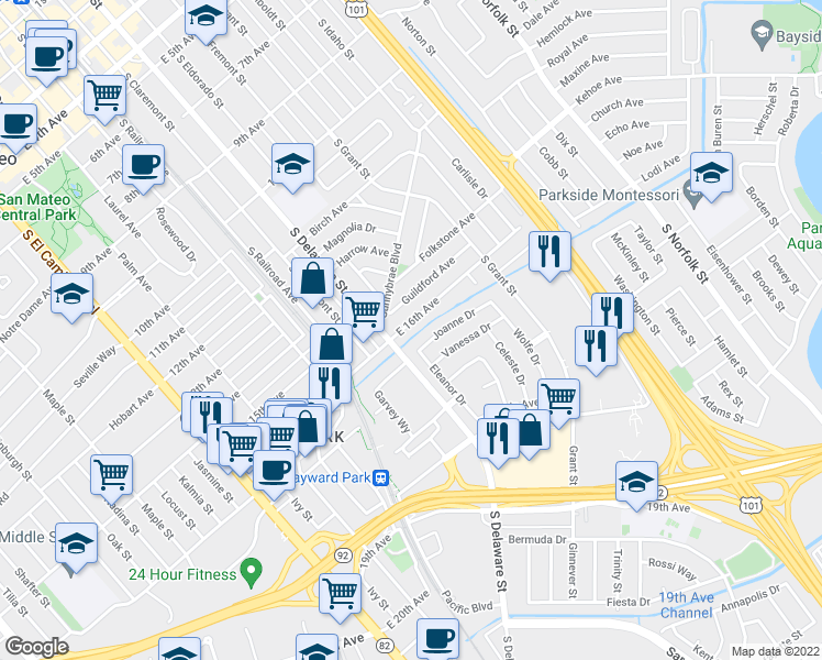 map of restaurants, bars, coffee shops, grocery stores, and more near 530 East 16th Avenue in San Mateo